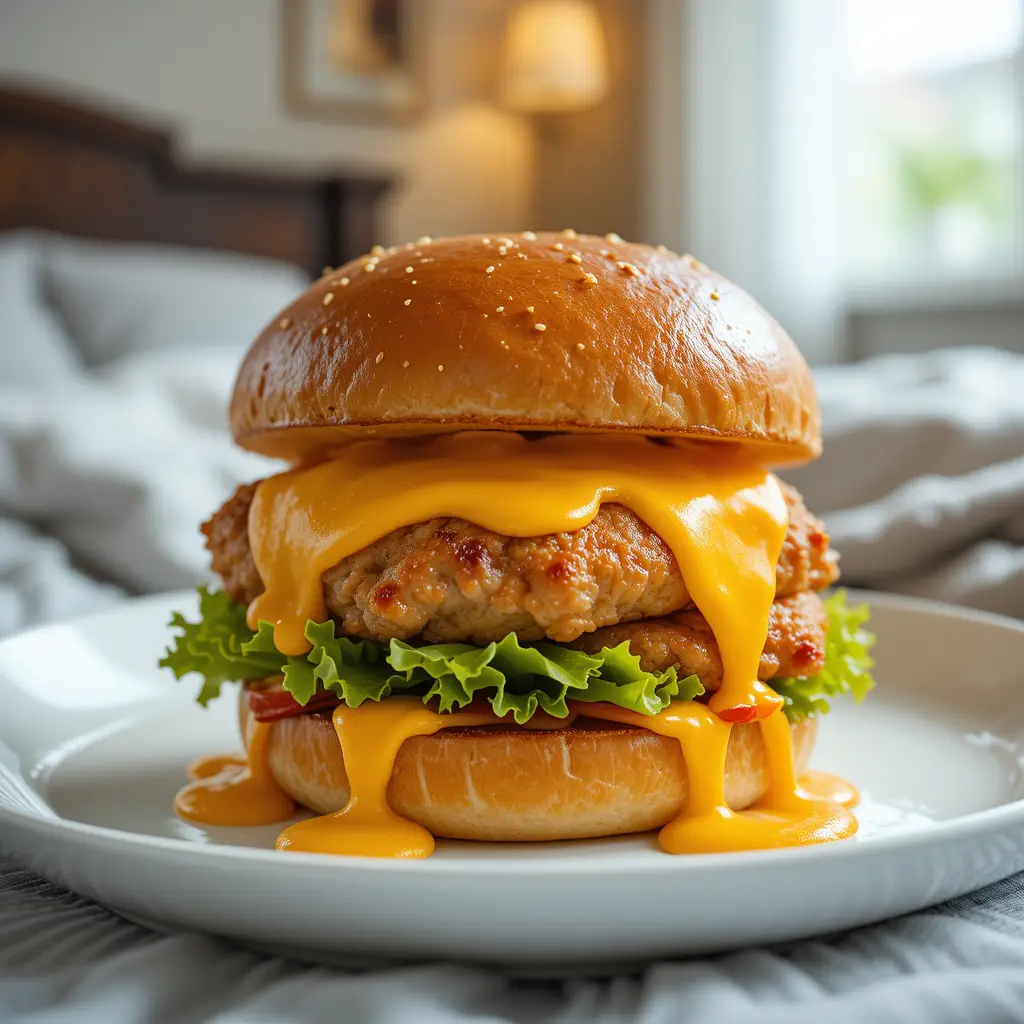 Juicy Chicken Burger With Melting Cheese On White Plate