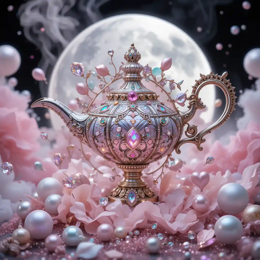 Silver genie lamp with pink gems and glitter