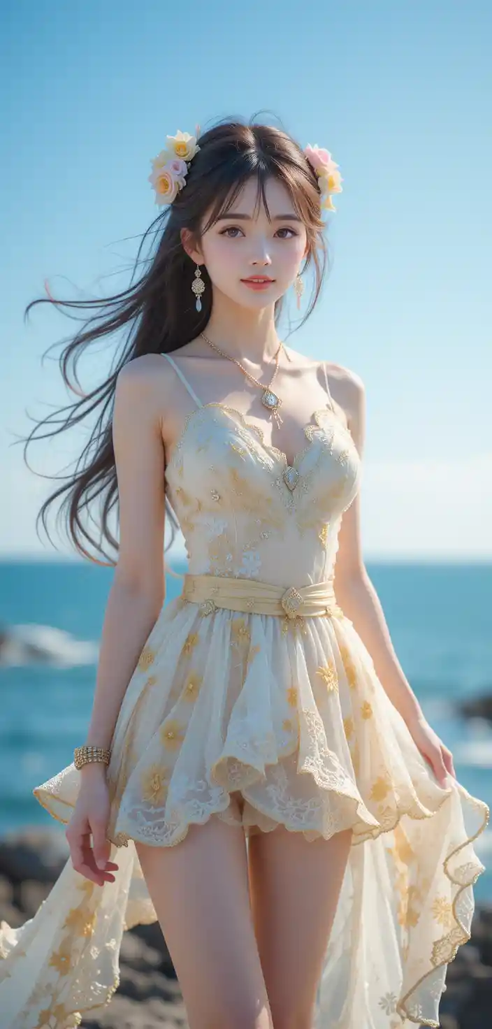 Young fantasy girl by the ocean under clear blue sky