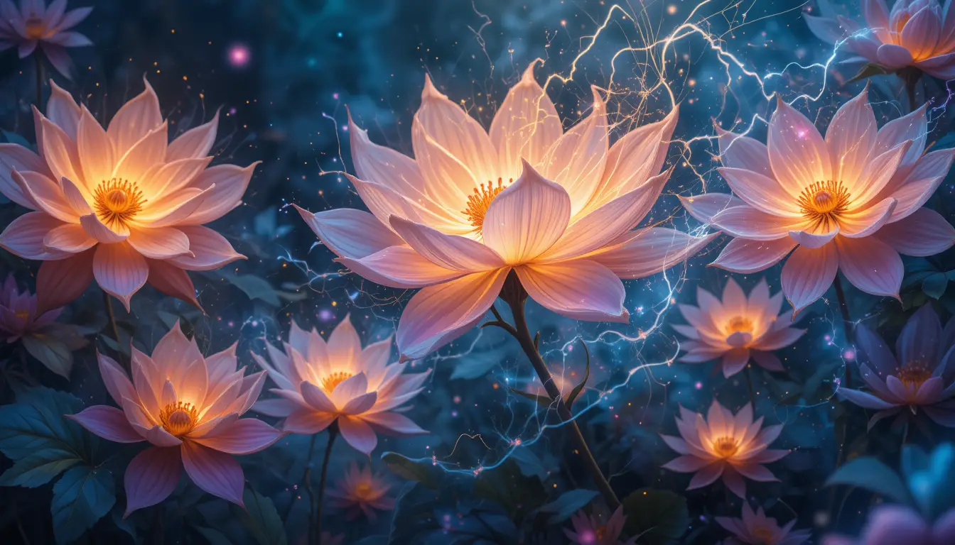 Flowers transforming into radiant waves of luminous energy