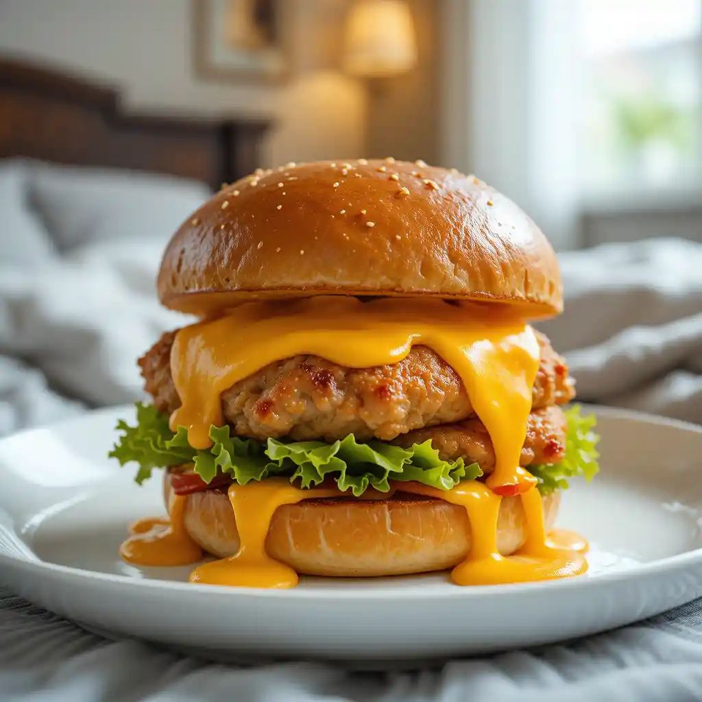 Juicy Chicken Burger With Melting Cheese On White Plate