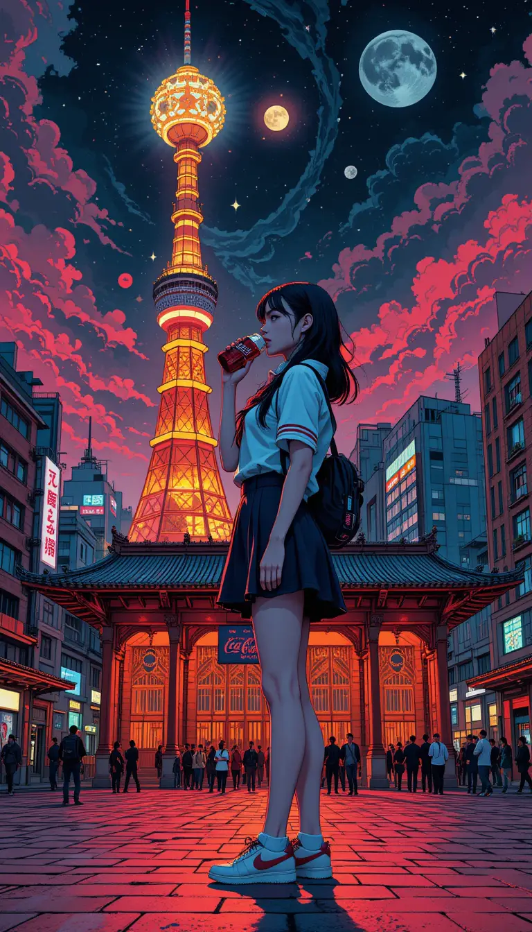 Girl sipping soda under moonlit tokyo city skyline