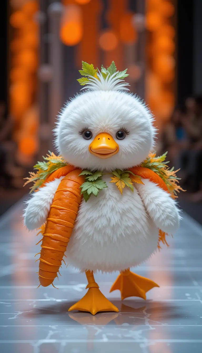 Cute stuffed duck in carrot costume on white runway