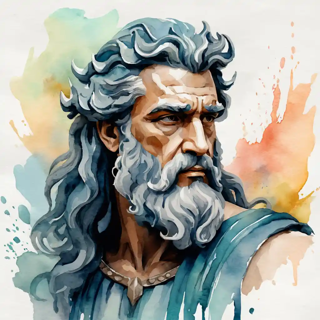 Watercolor portrait of a mythical man in black and white