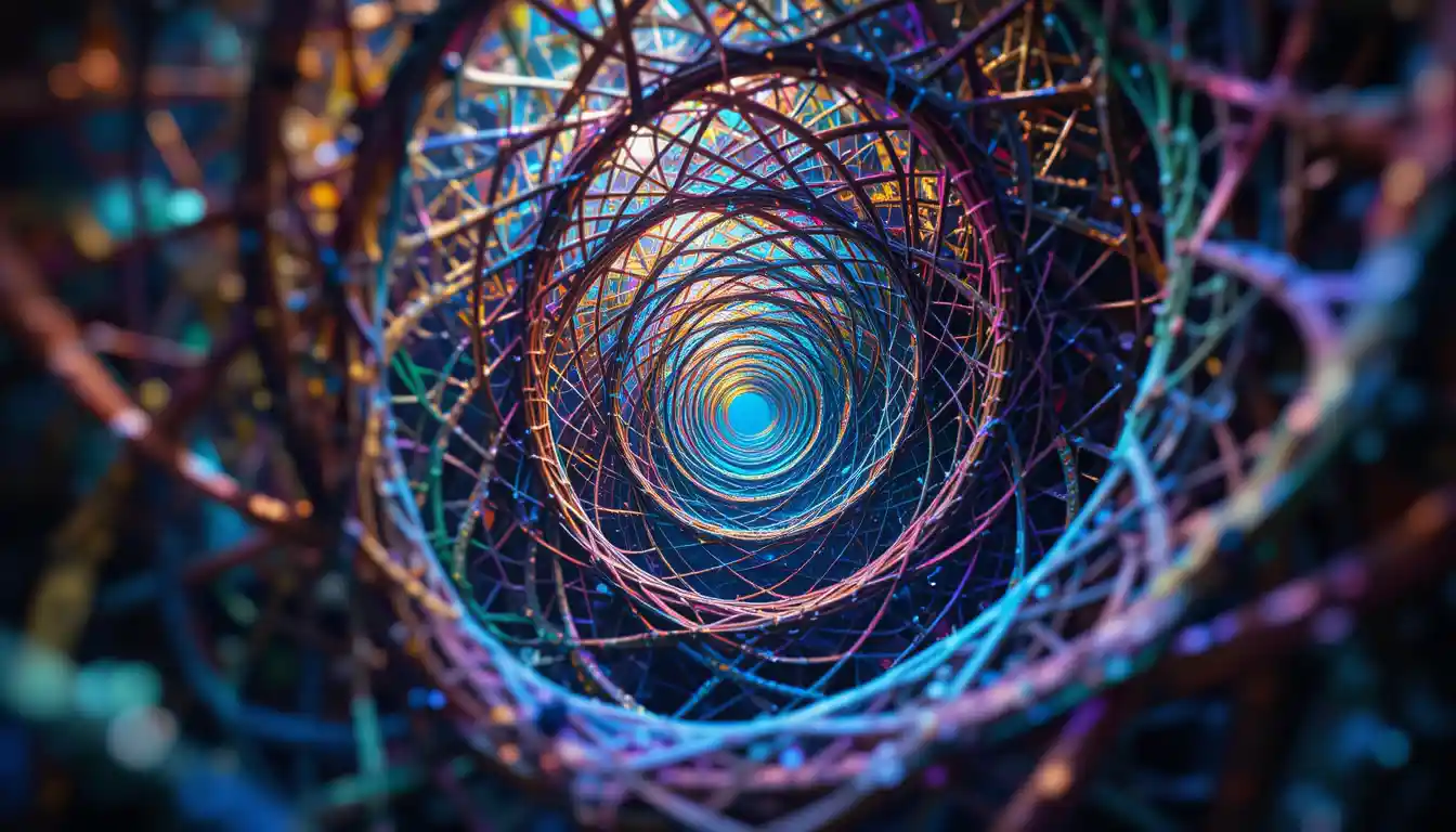 Intricate geometric lattice spiral in ethereal fantasy space