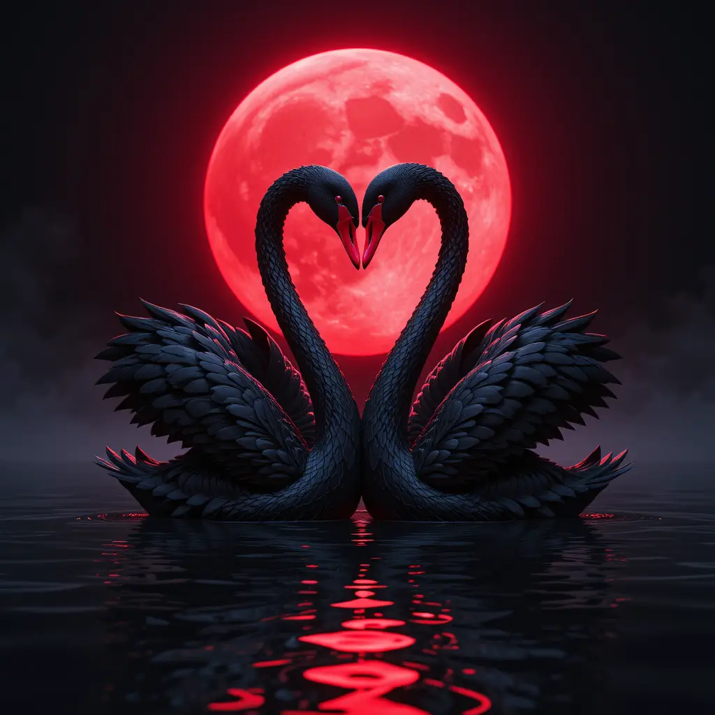 Two black swans forming a heart on a moonlit lake