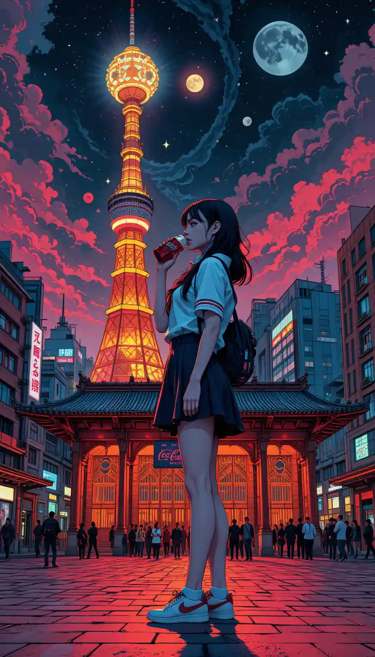 Girl sipping soda under moonlit tokyo city skyline