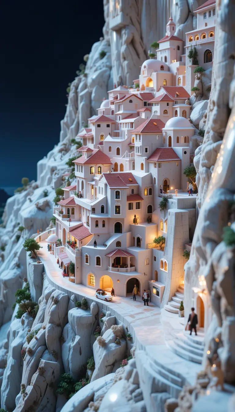 Macro view of a marble cliffside village with road