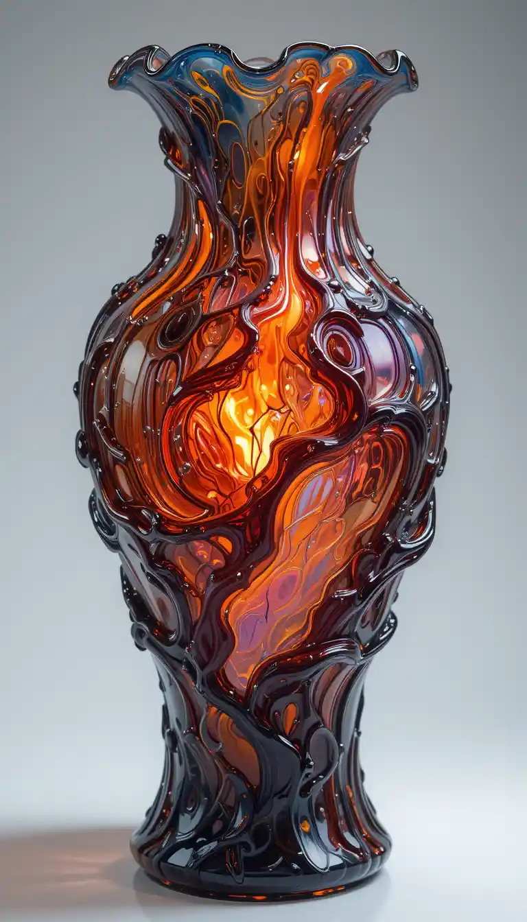 Ornate Crystal Vase With Fiery Biomorphic Lava Design
