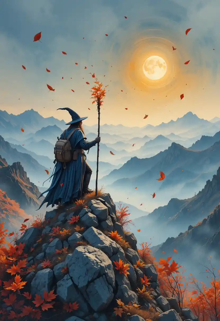 Wizard and witch on a rocky autumn mountain peak