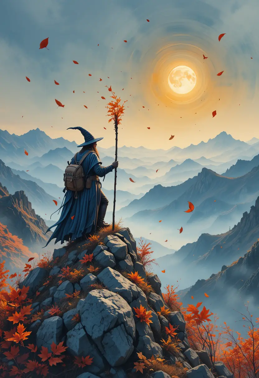 Wizard and witch on a rocky autumn mountain peak