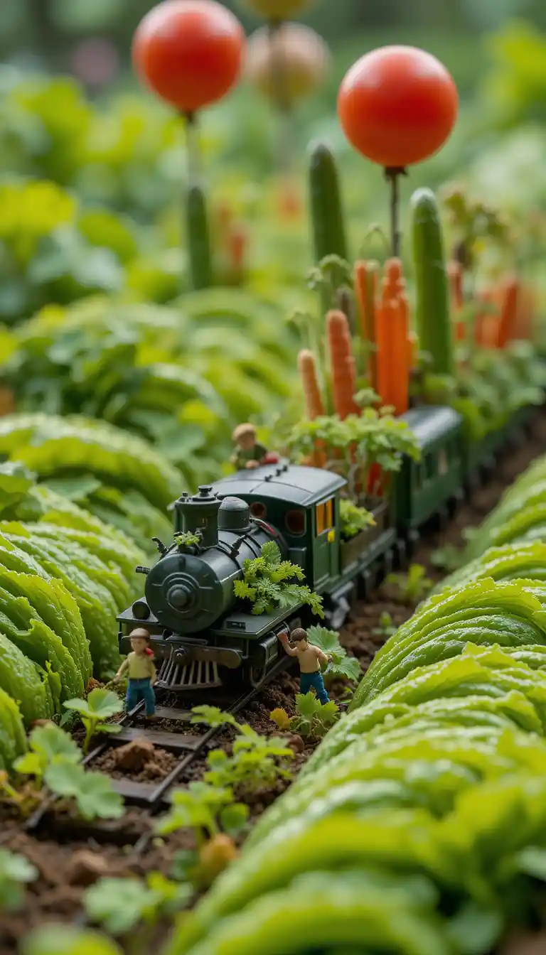 Miniature gardeners walking across a giant salad landscape