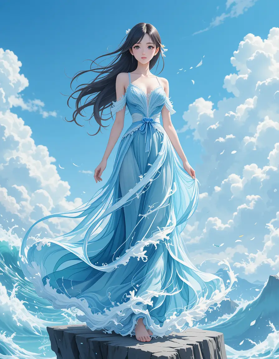 Anime girl in flowing dress standing on a cliff edge