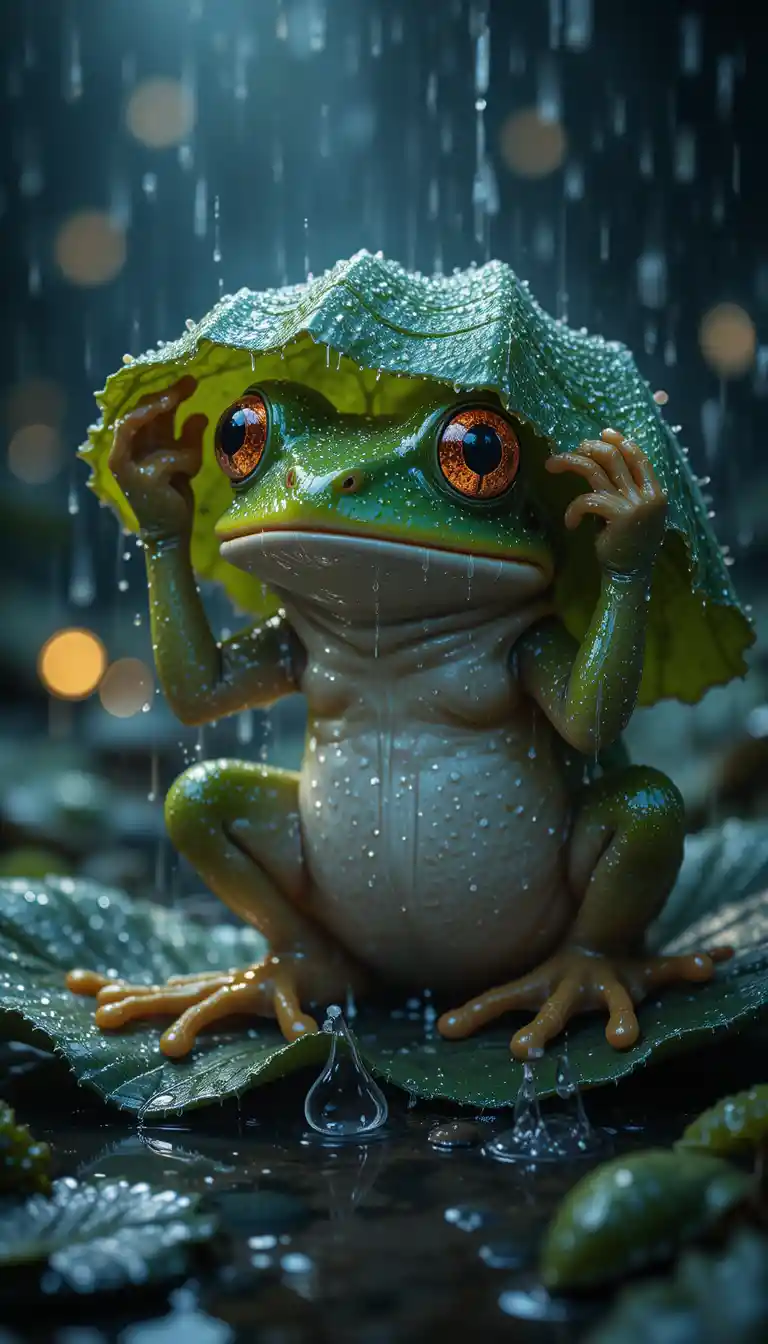 Cute frog with leaf umbrella sitting in the rain