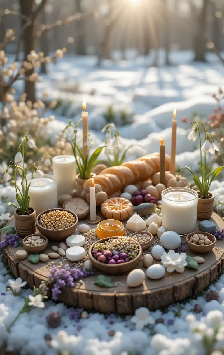 Macro still life of imbolc offerings in winter sunlight