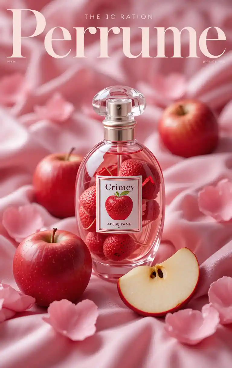 Perfume bottle with apples on pink silk and petals