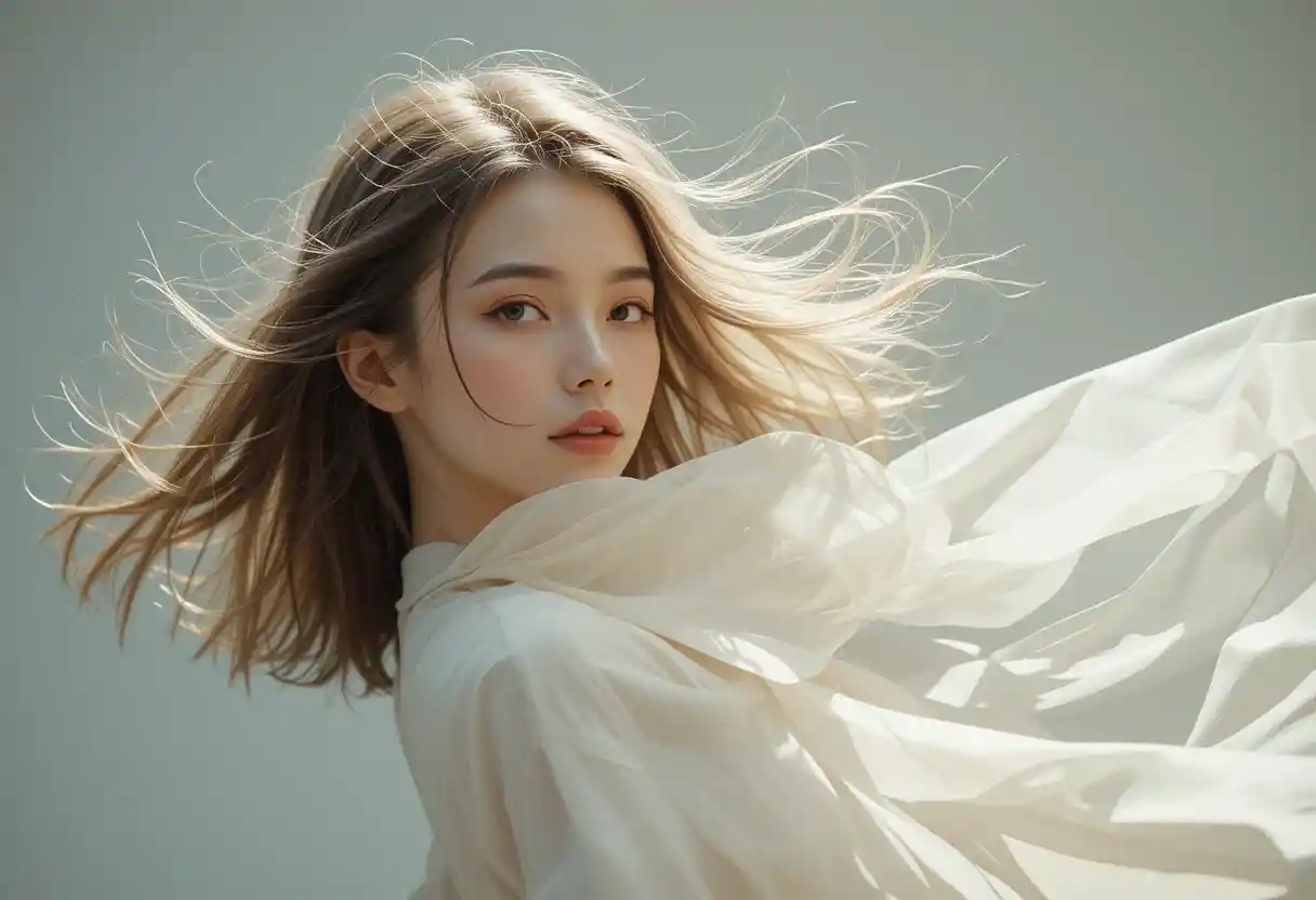 Minimalist high fashion woman with wind swept clothing