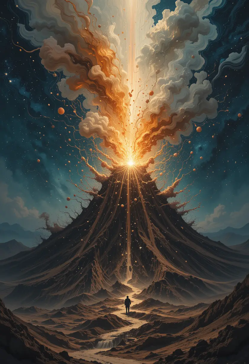 Abstract volcano eruption in soft morning space light