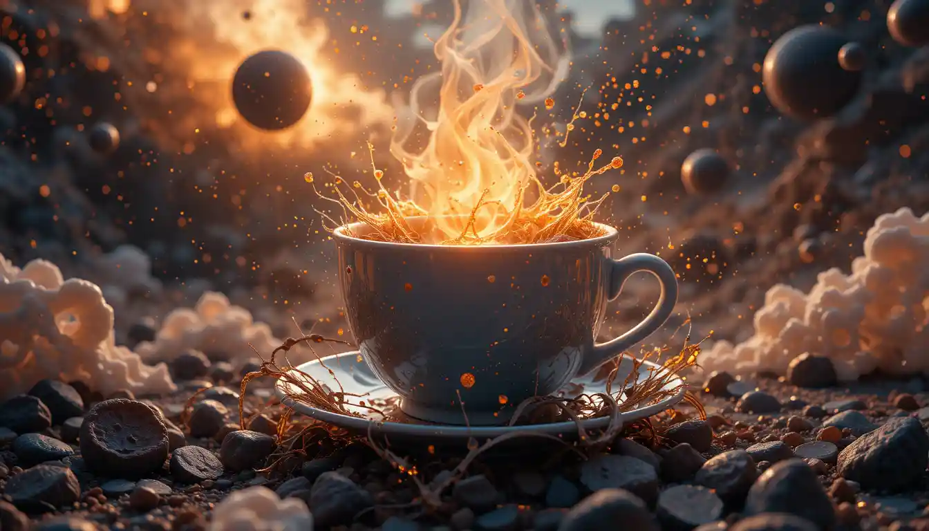 Xícara de café quente contra um fundo cósmico futurista