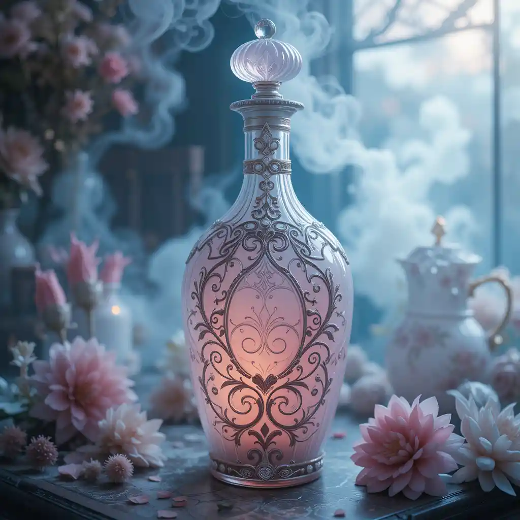 Ornate antique bottle in soft dreamy pastel colors