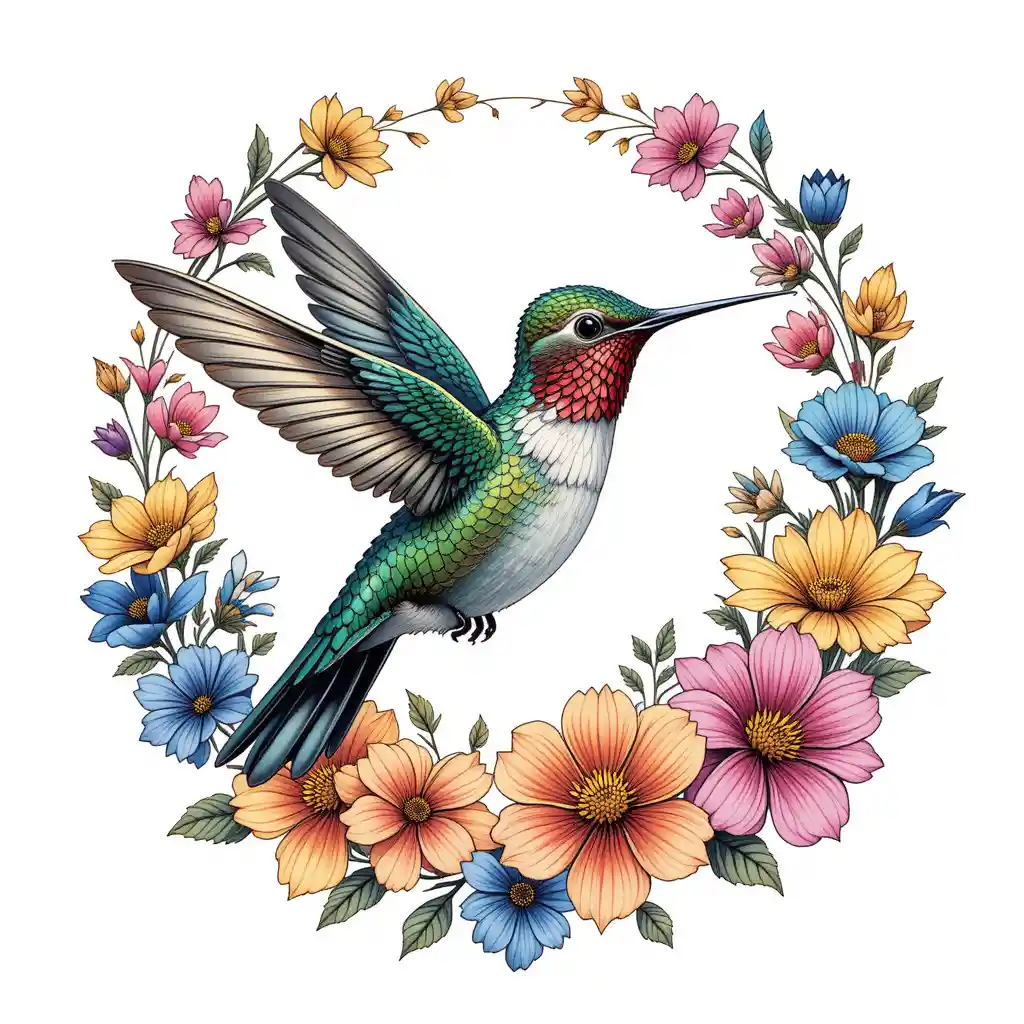 Colibri vectoriel coloré en train de butiner sur des fleurs circulaires