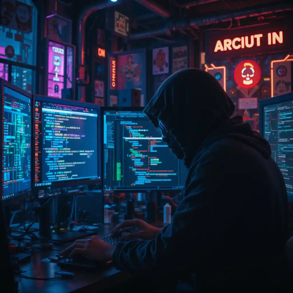 Hacker In Black Hoodie At Cyberpunk Computer Workstation