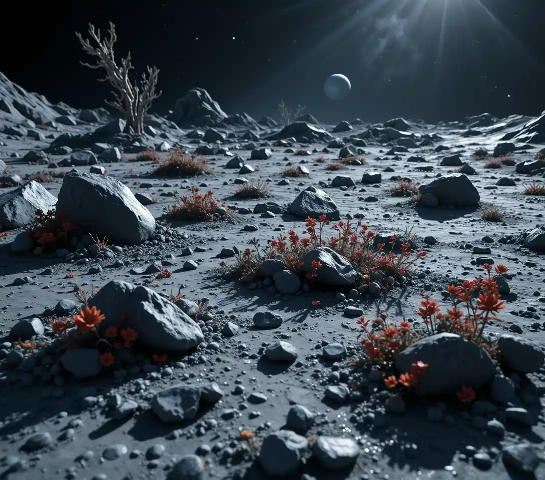 Cinematic wide view of the moon surface with flowers