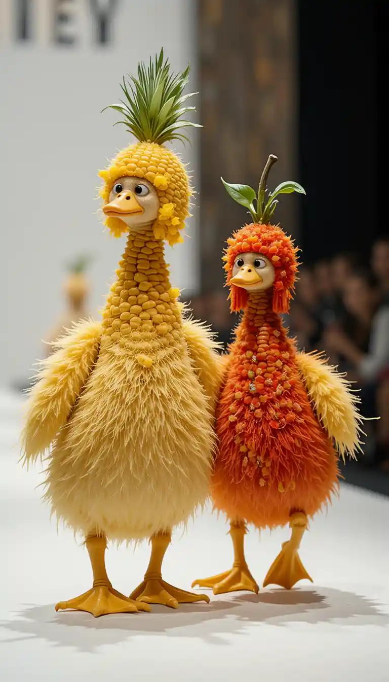 Two vegetable dressed stuffed ducks walking on glass runway