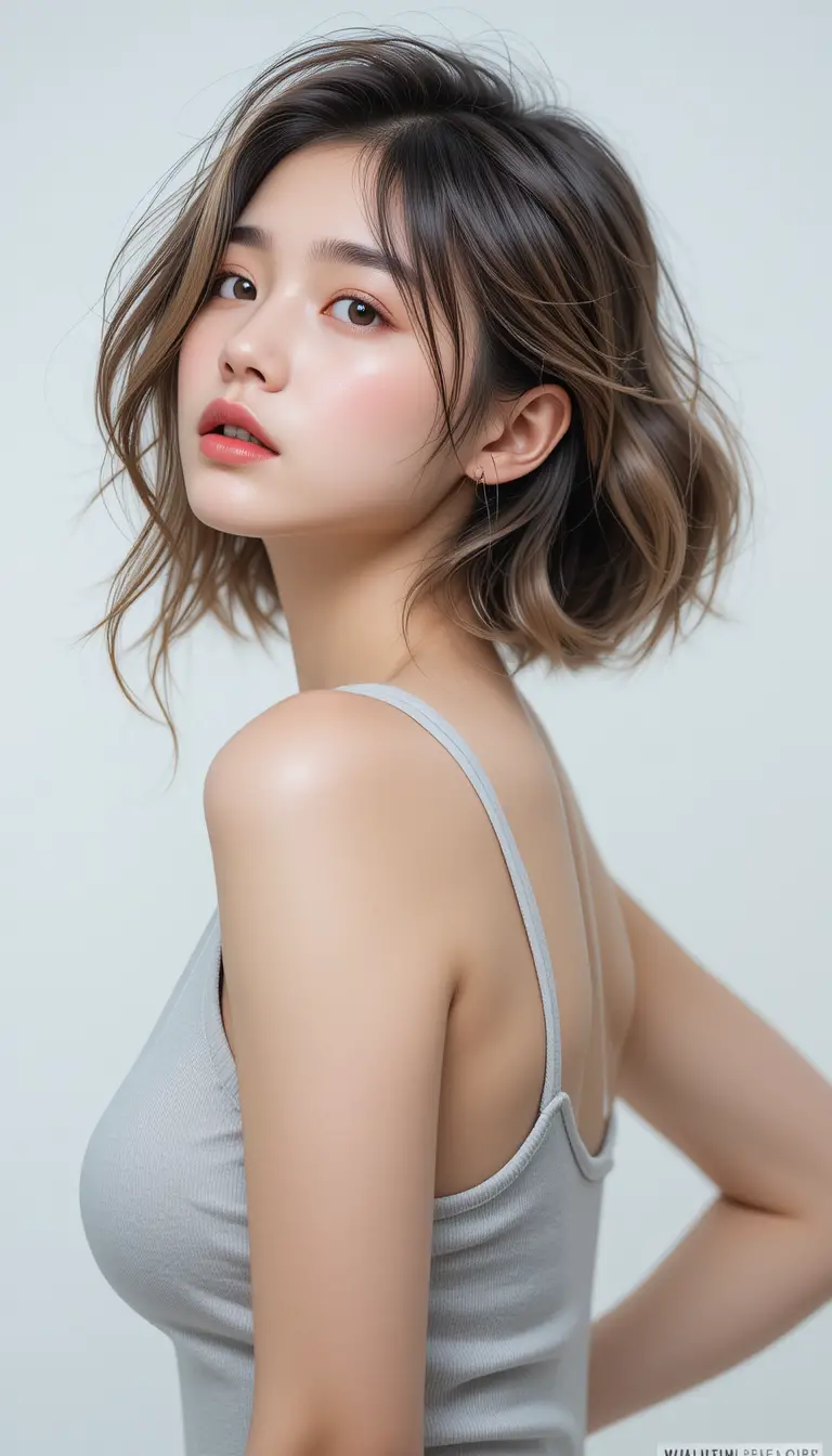 Surprised anime girl with tank top and styled hair