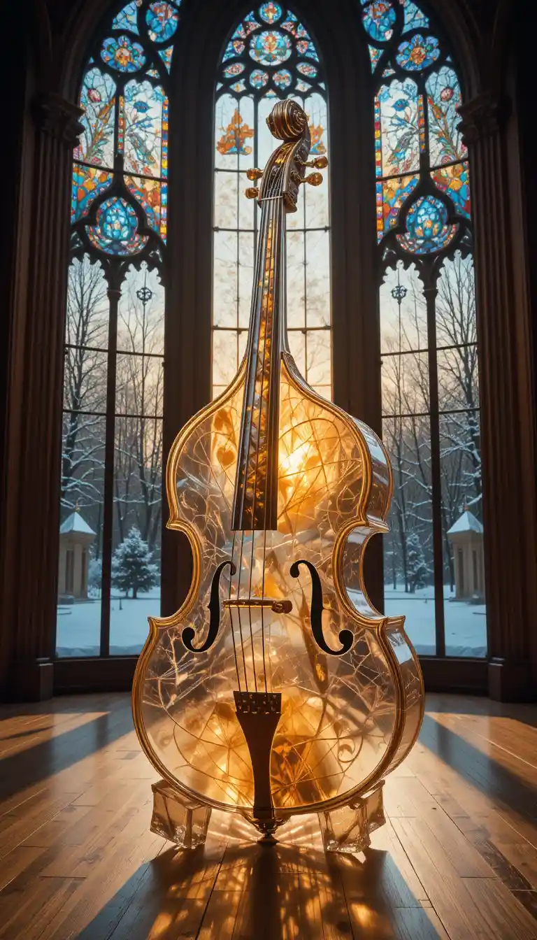 Glass double bass in a sunset lit concert hall