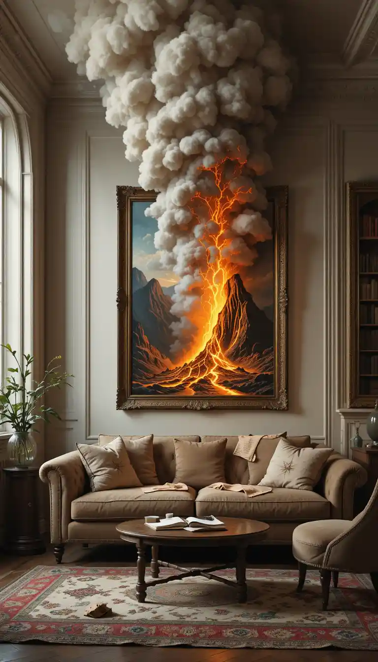 Volcán surrealista en erupción desde un cuadro en una sala de estar tranquila