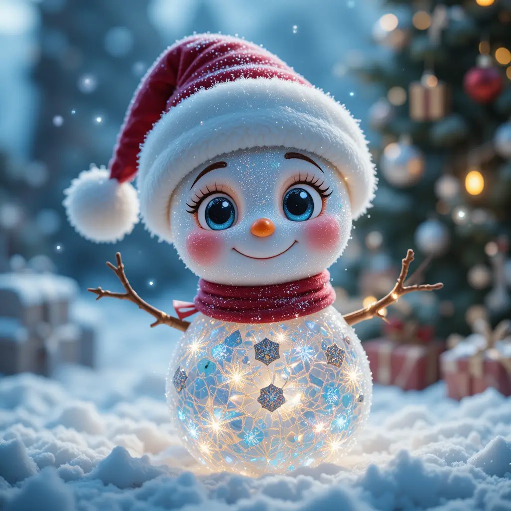 Cute glowing snowman with santa hat and christmas tree