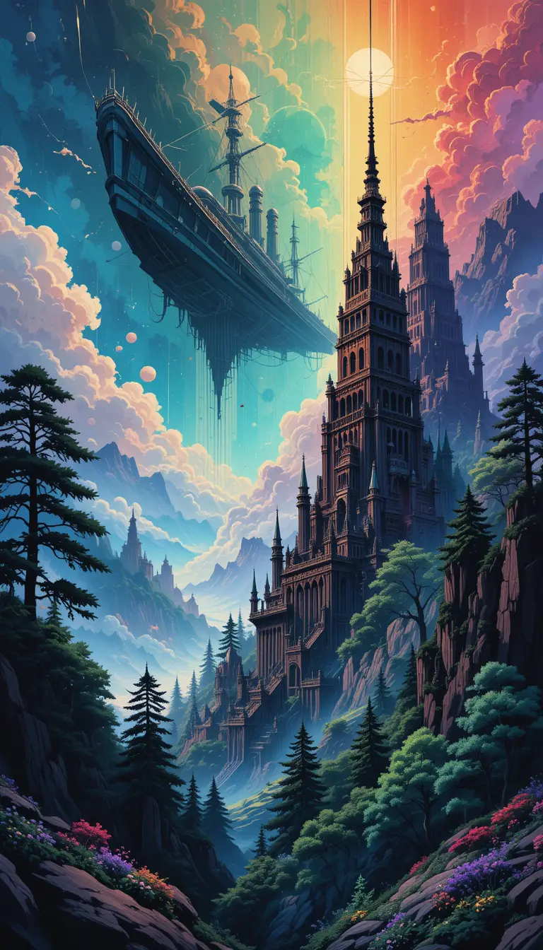 Surreal fantasy landscape with colossal flying battleship