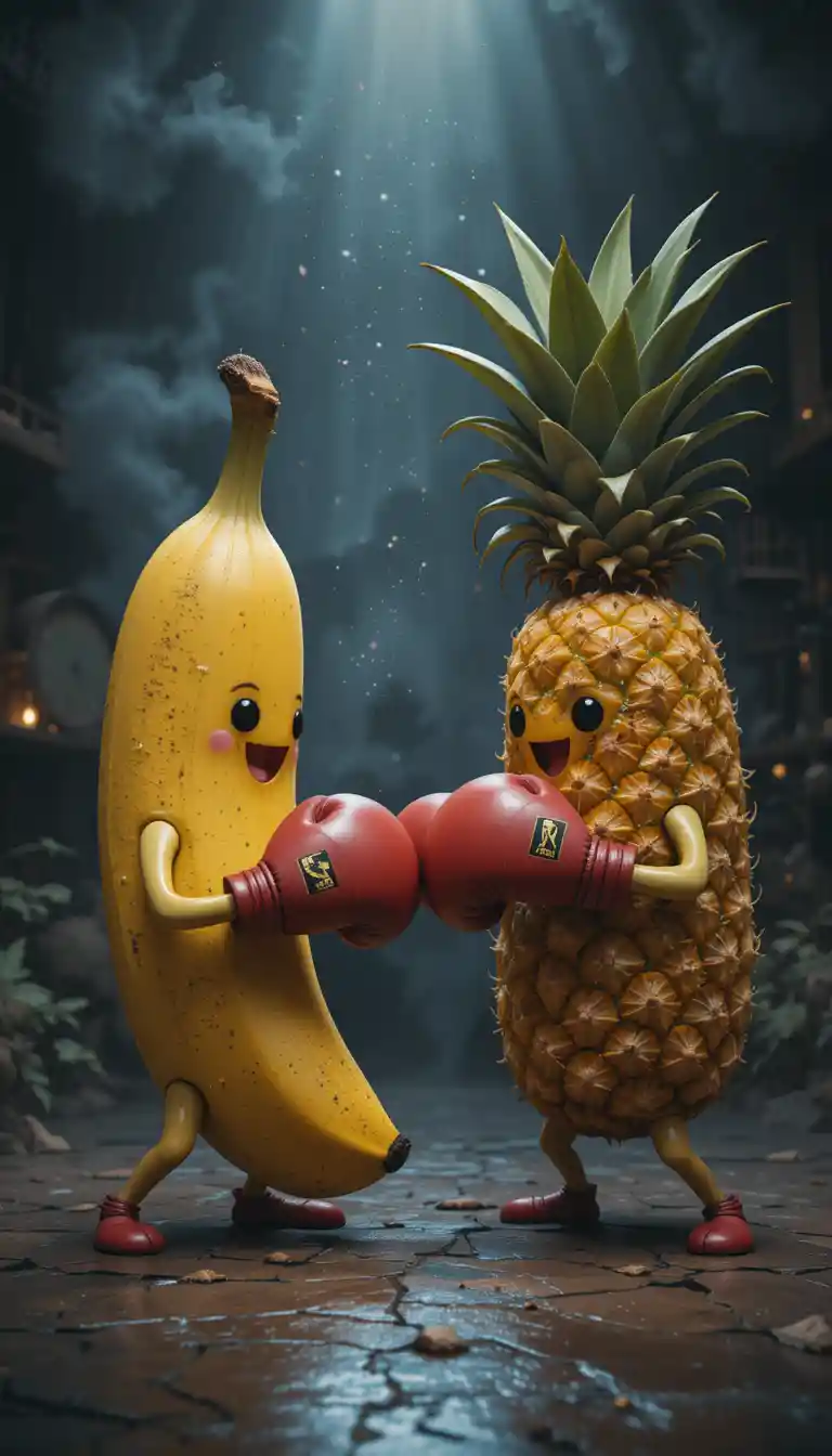 Cute boxing banana and pineapple in dramatic illustration