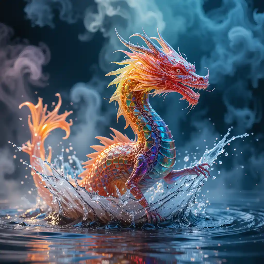 Rainbow glass water dragon emerging in a smoky splash