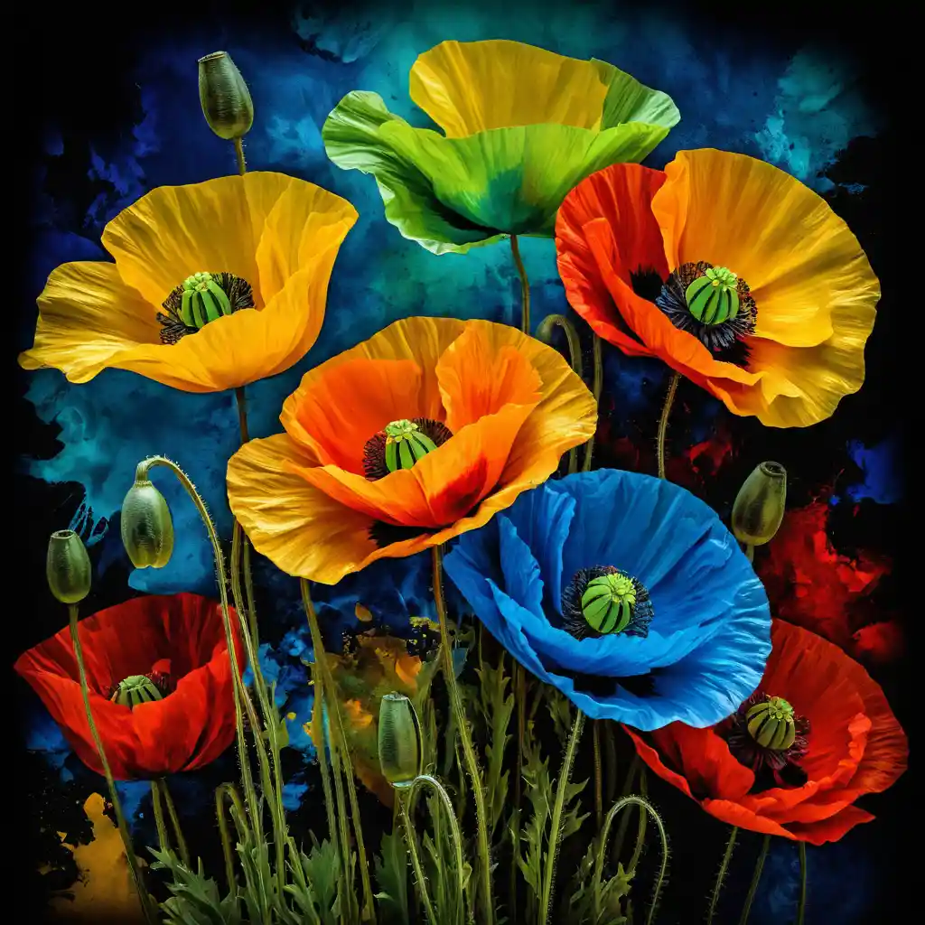 Abstract poppy flowers in bold primary colors