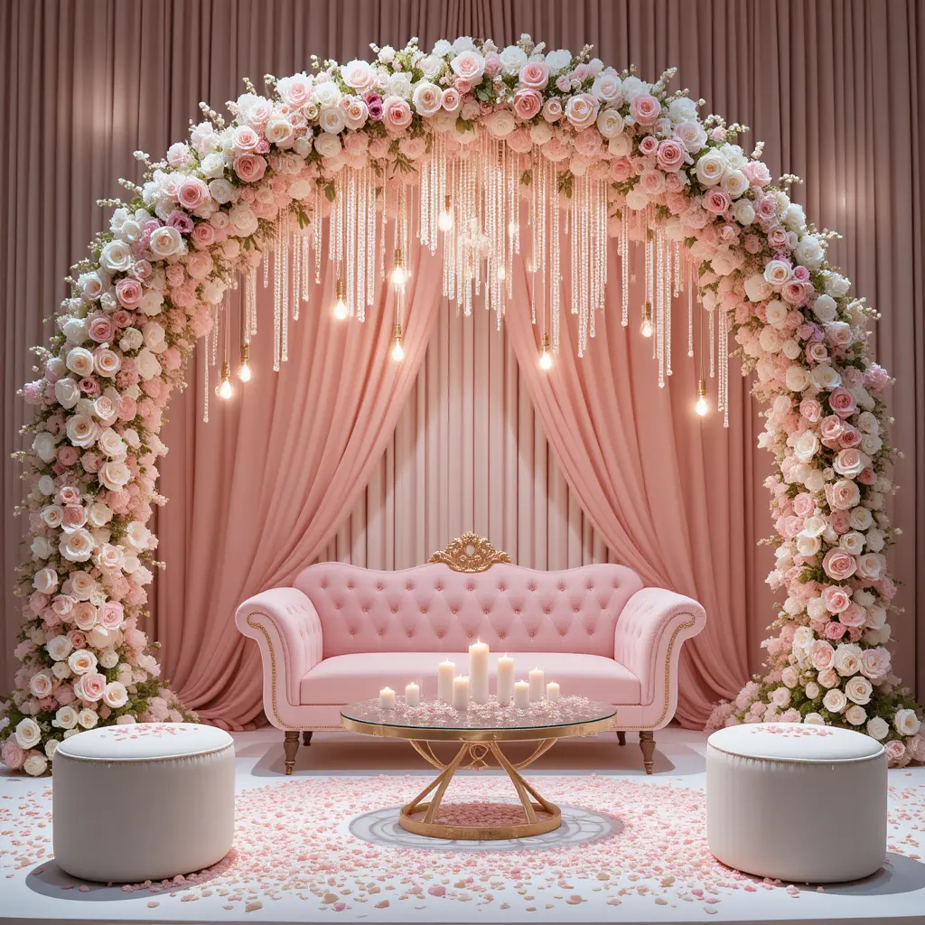 Romantic pastel stage with floral arch and pink sofa
