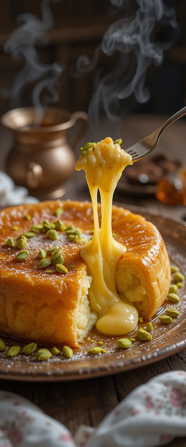 Golden Turkish kunefe dessert with tea on wooden table