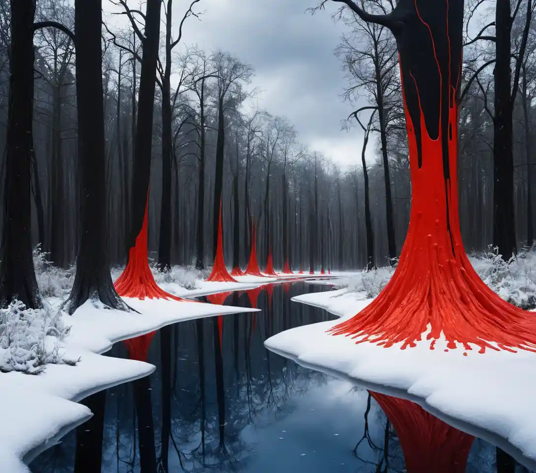 Spilled paint can revealing a serene winter forest scene