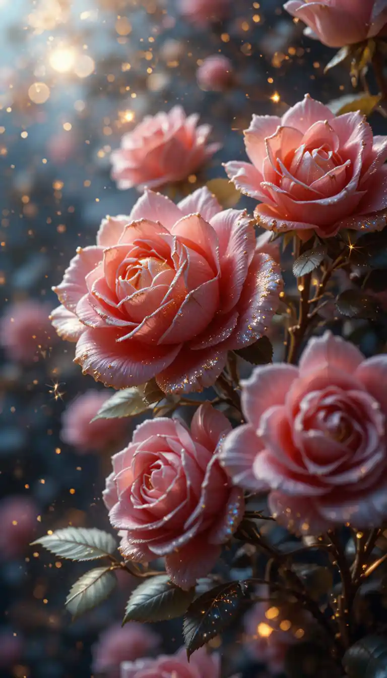 Abstract glowing roses with gold particles and complex light