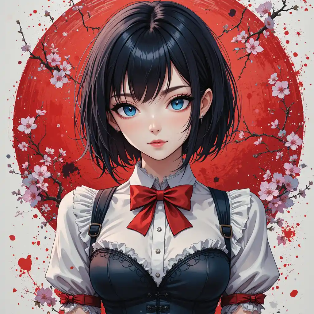 Anime girl portrait with blossoms and red circle background