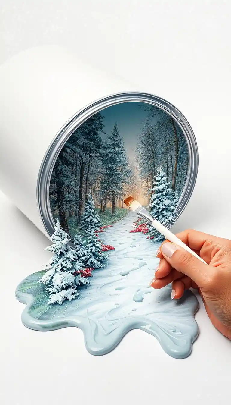 Surreal paint can pouring a magical winter forest