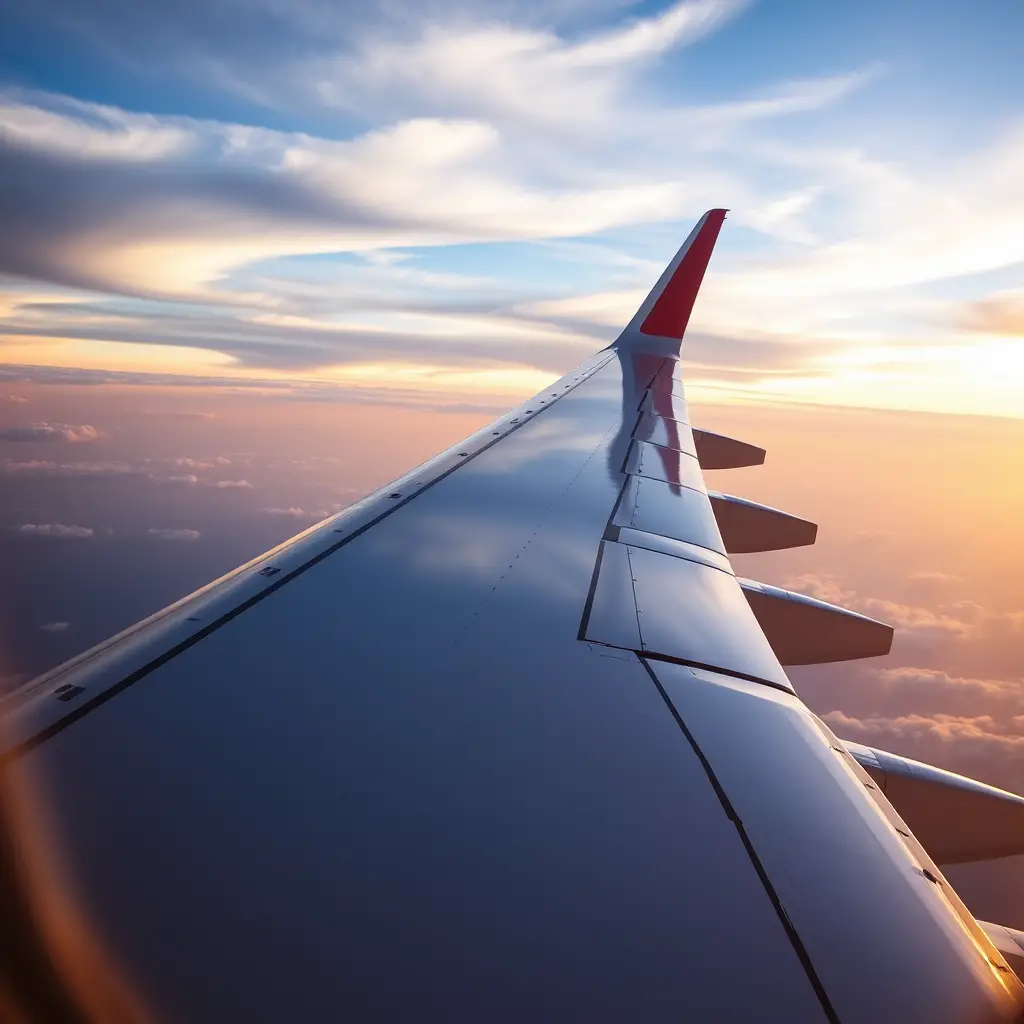 Airplane wing view against colorful sunset sky