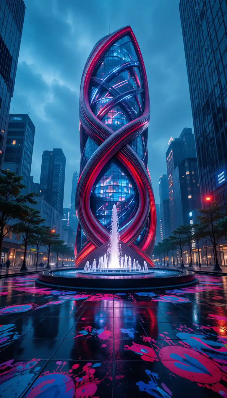 Prédio de escritórios futurista ao lado de uma calçada da cidade à noite