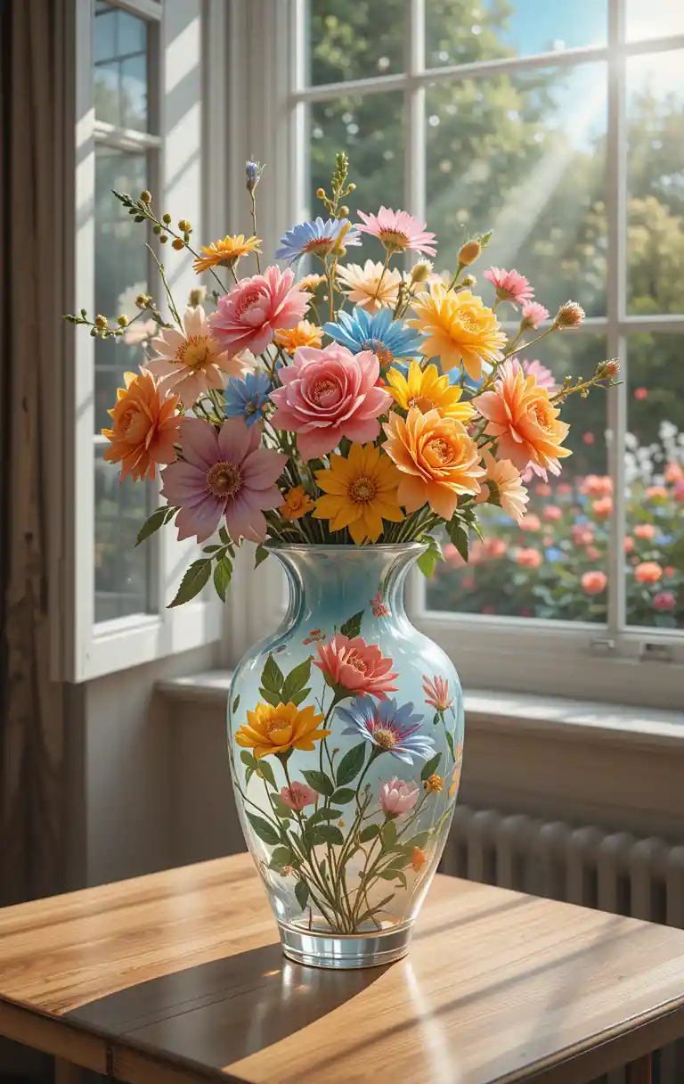 Translucent glass vase with colorful flowers by window