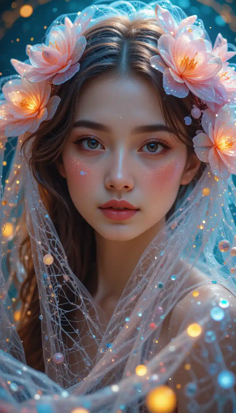 Ethereal woman casting a glowing glittering net