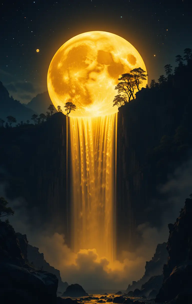 Surreal Moonlit Waterfall Cascading From A Golden Full Moon