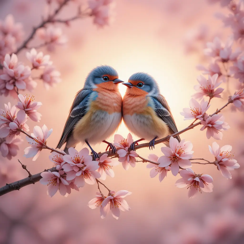 Lovebirds Resting On A Cherry Blossom Branch At Sunset