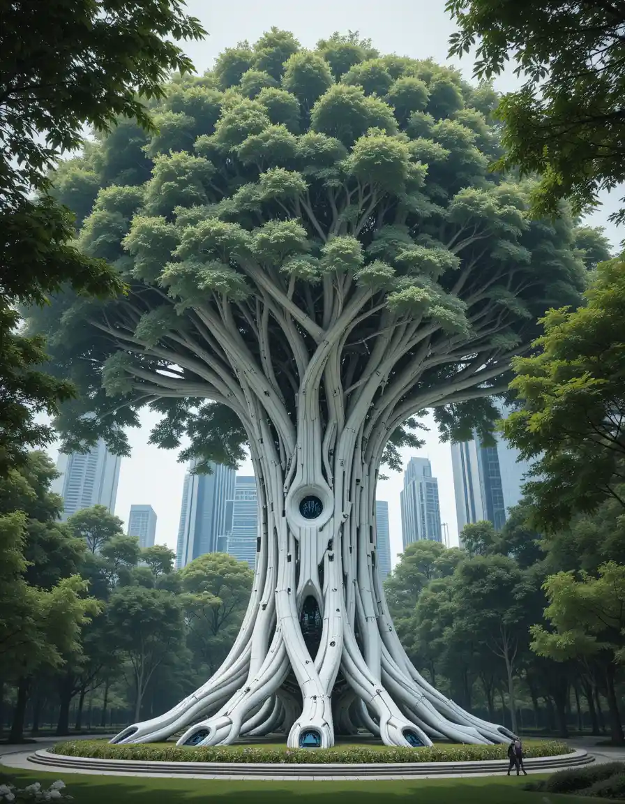 Futuristic Mechanical Tree Rising In A Modern City Park