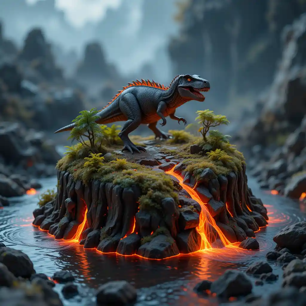 Tiny dinosaur standing on a lava surrounded miniature island